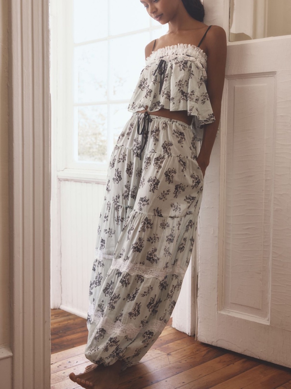 Anthropologie Lace Swing Pajama Top and Lace-Inset Pajama Pants Set